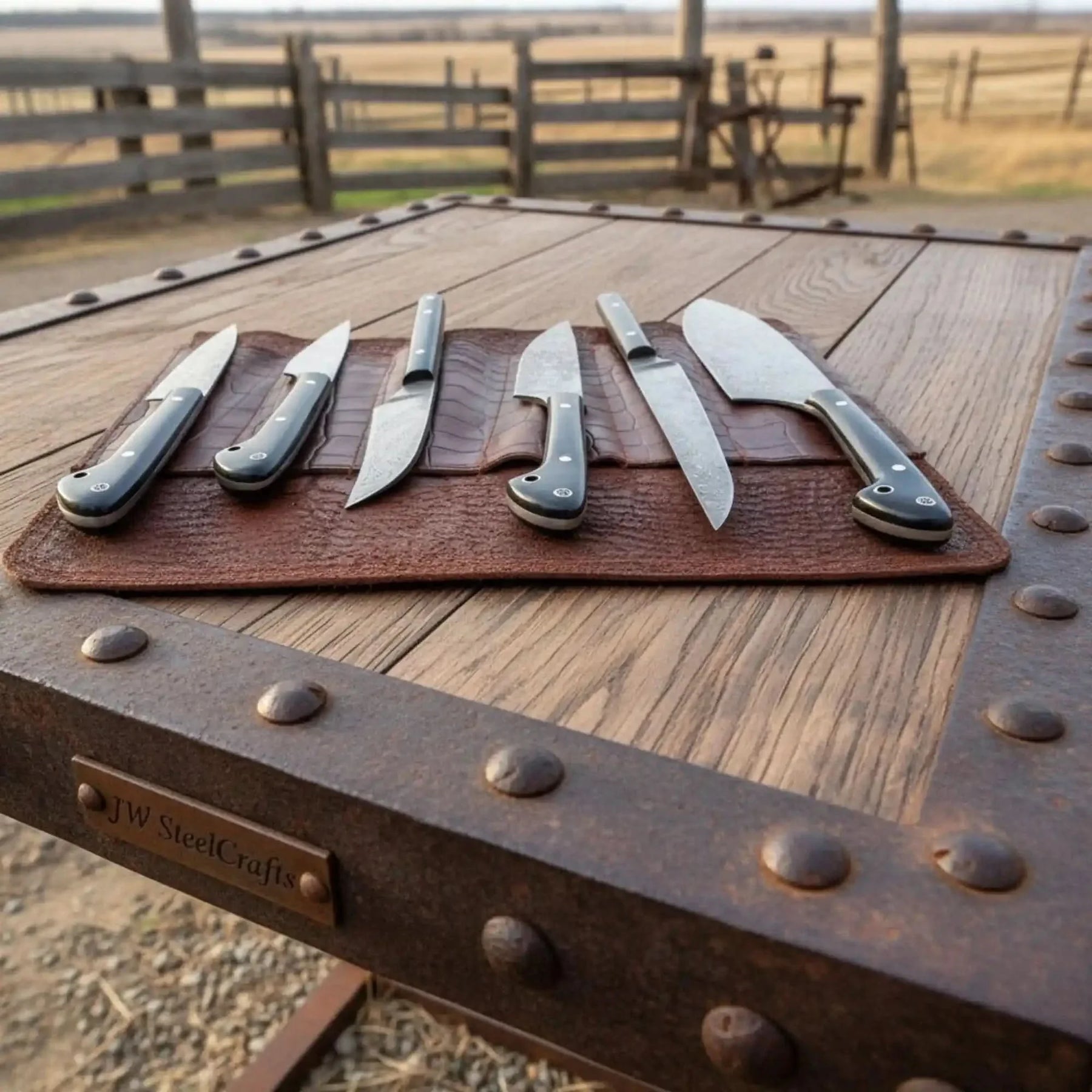 6-Piece Damascus Kitchen Knife Set with Leather Roll — Black Resin Handles, Steel Bolsters, 7 to 10 Inch Blades | JW Steel Crafts by JW SteelCrafts, Damascus knife detail photo 3
