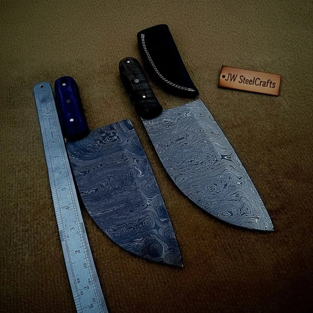 Pair of Chinese Vegetable Cleavers — Damascus Steel, Stabilized Wood (SMT) Full-Tang Handles lol by JW SteelCrafts, Southern lifestyle apparel main product photo