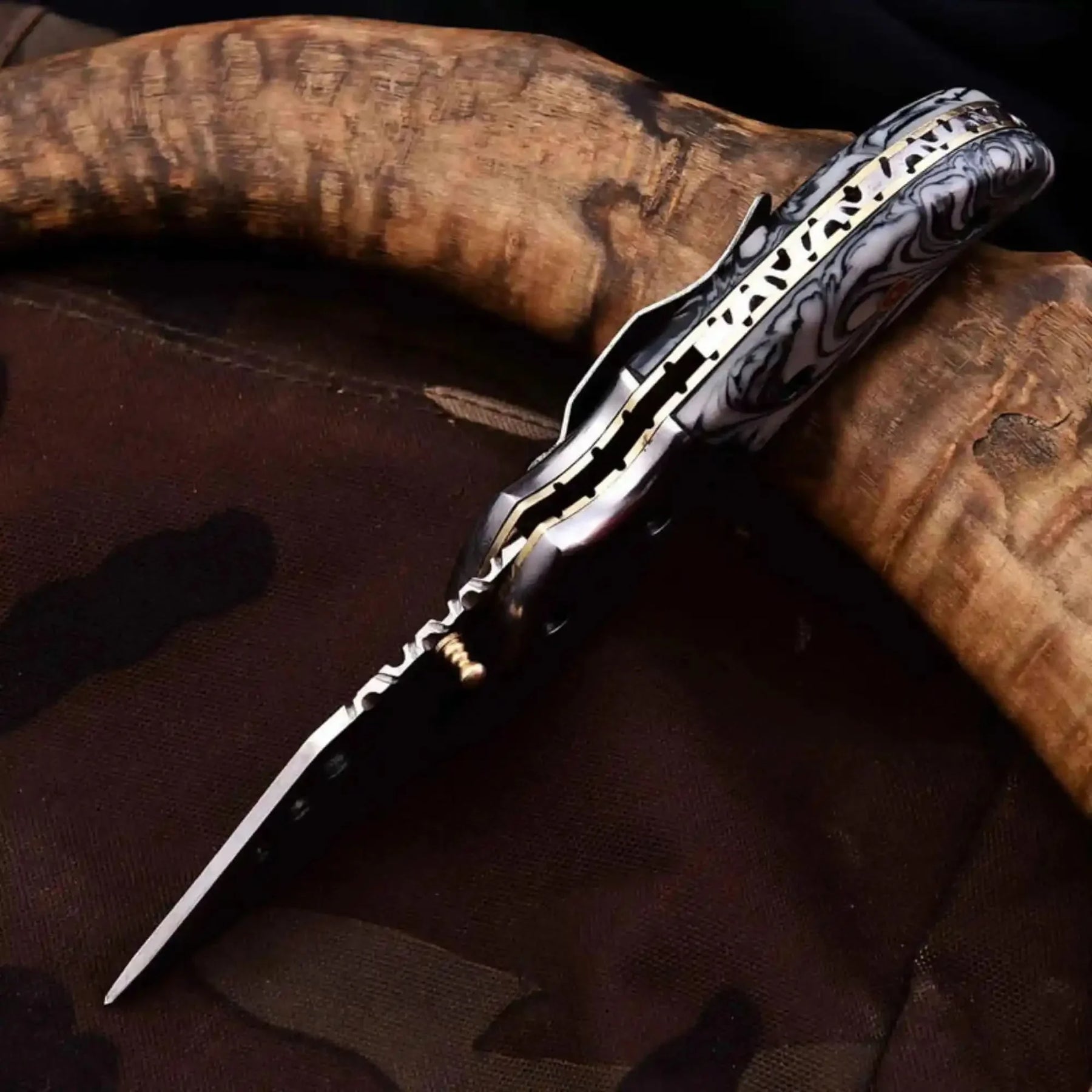 Marble Resin Folding Pocket Knife — Drop Point Blade, Brass Pivot, and Genuine Leather Sheath by JW SteelCrafts, leather knife sheath detail photo 3