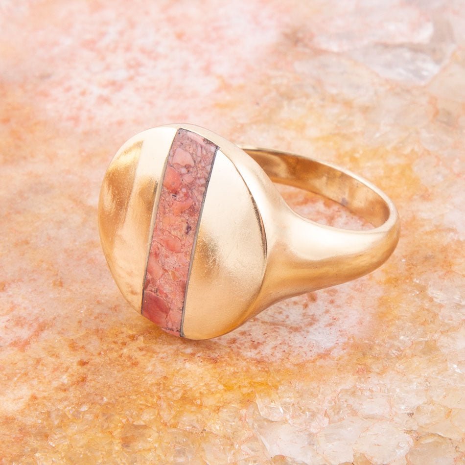 Signet Orange Sponge Coral and Golden Circle Ring detail view by Barse Jewelry