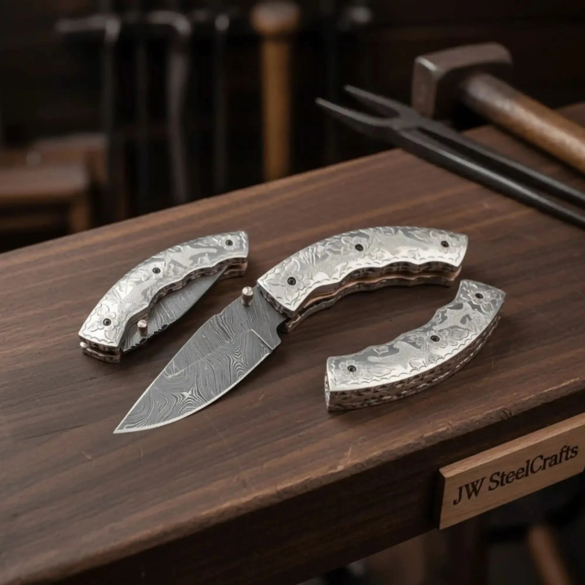 Handmade Damascus Steel Folding Knife – Engraved Brass Handle EDC Pocket Knife with Leather Sheath by JW SteelCrafts, leather knife sheath main product photo