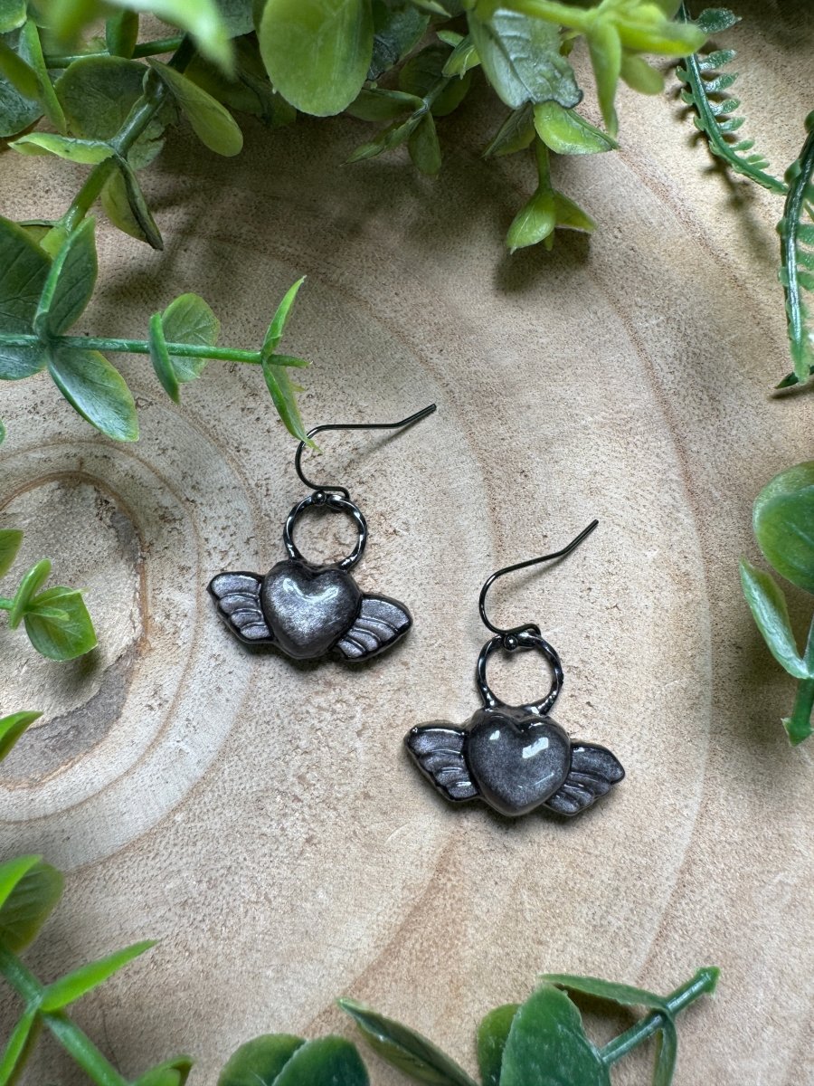 Silver Sheen Obsidian Angel Heart Earrings by Copper Ashes