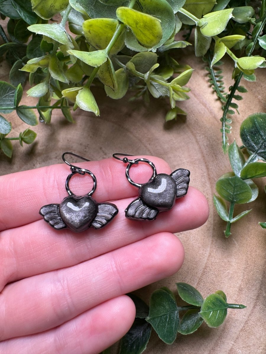 Silver Sheen Obsidian Angel Heart Earrings detail view by Copper Ashes