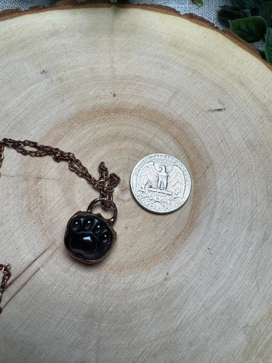 Silver Sheen Obsidian Paw Print Necklace detail view by Copper Ashes