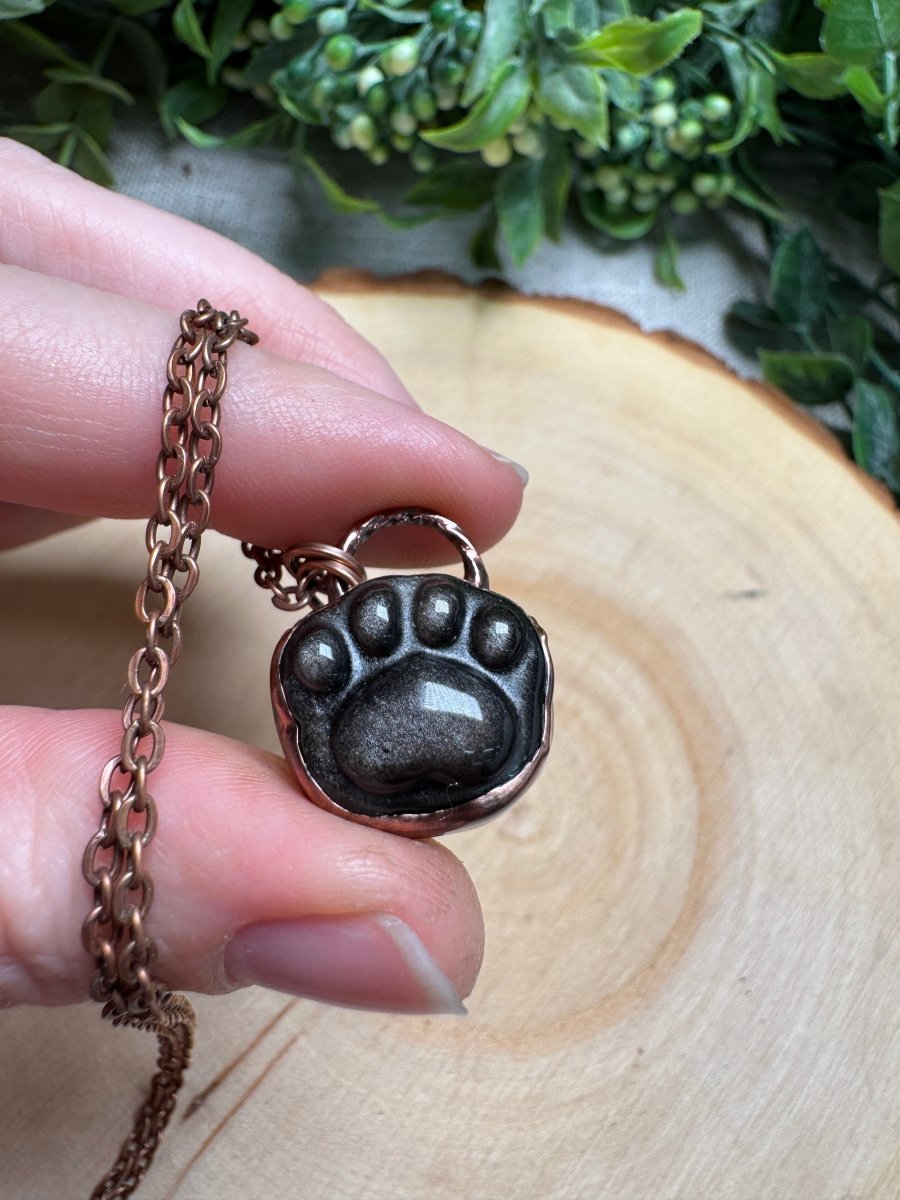 Silver Sheen Obsidian Paw Print Necklace by Copper Ashes