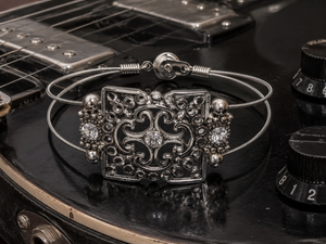 Silver Rhinestone Filigree Guitar String Bracelet by N Harmony Jewelry, handmade jewelry detail photo 3