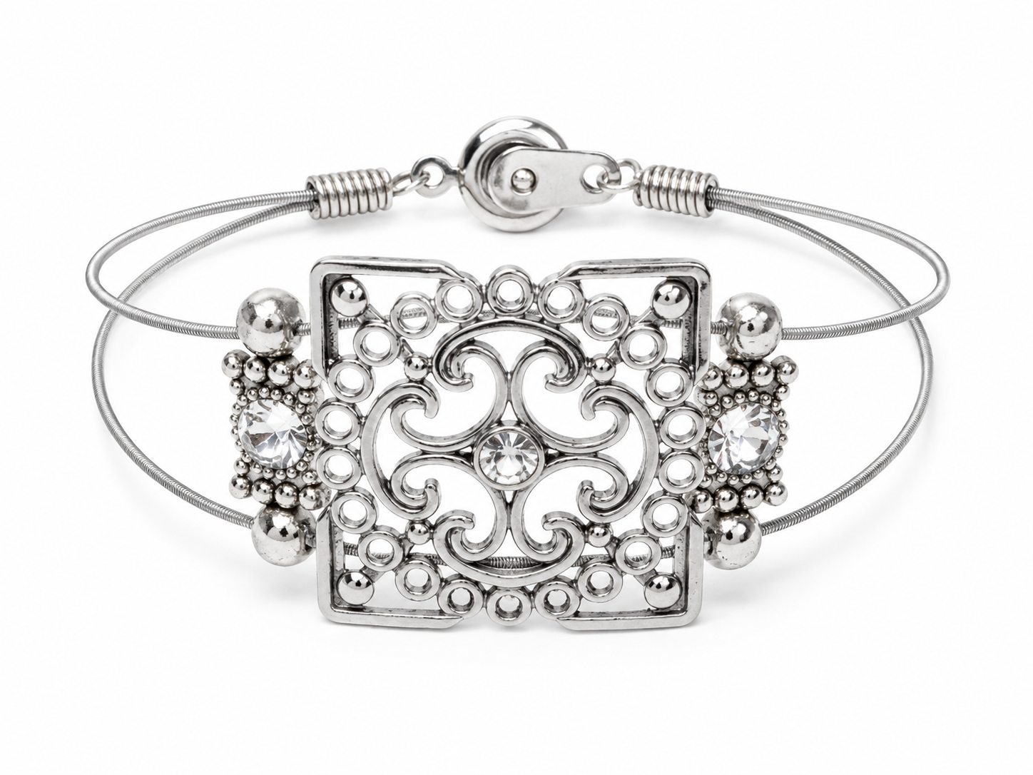 Silver Rhinestone Filigree Guitar String Bracelet by N Harmony Jewelry, handmade jewelry detail photo 2