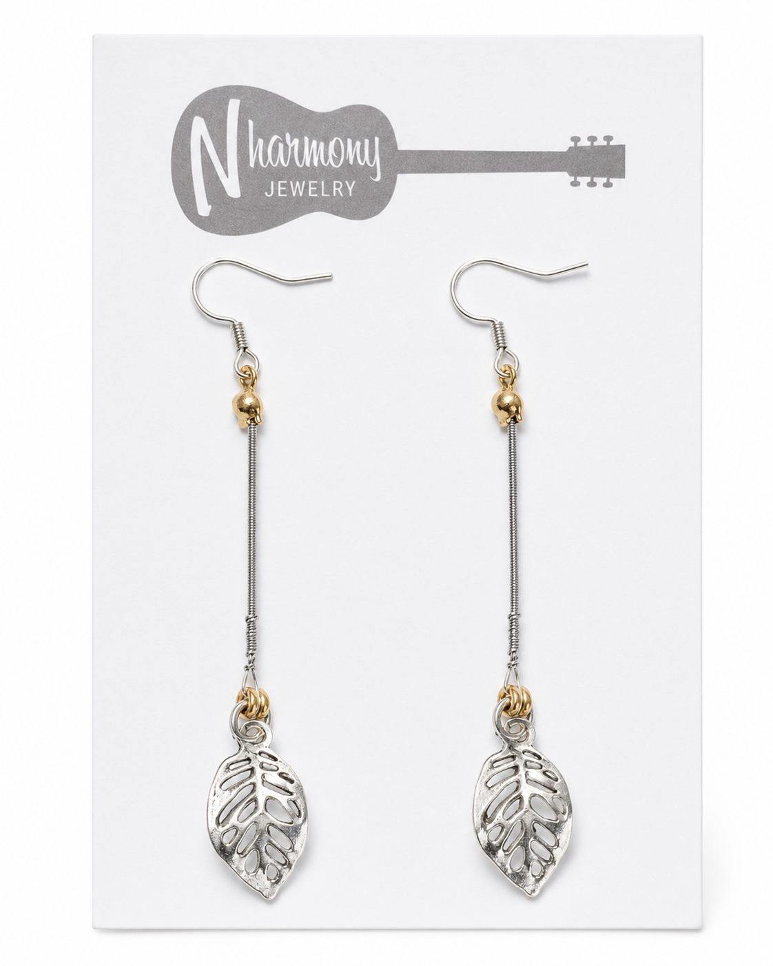 Long Silver Leaf Guitar String Earrings by N Harmony Jewelry, handmade jewelry detail photo 2