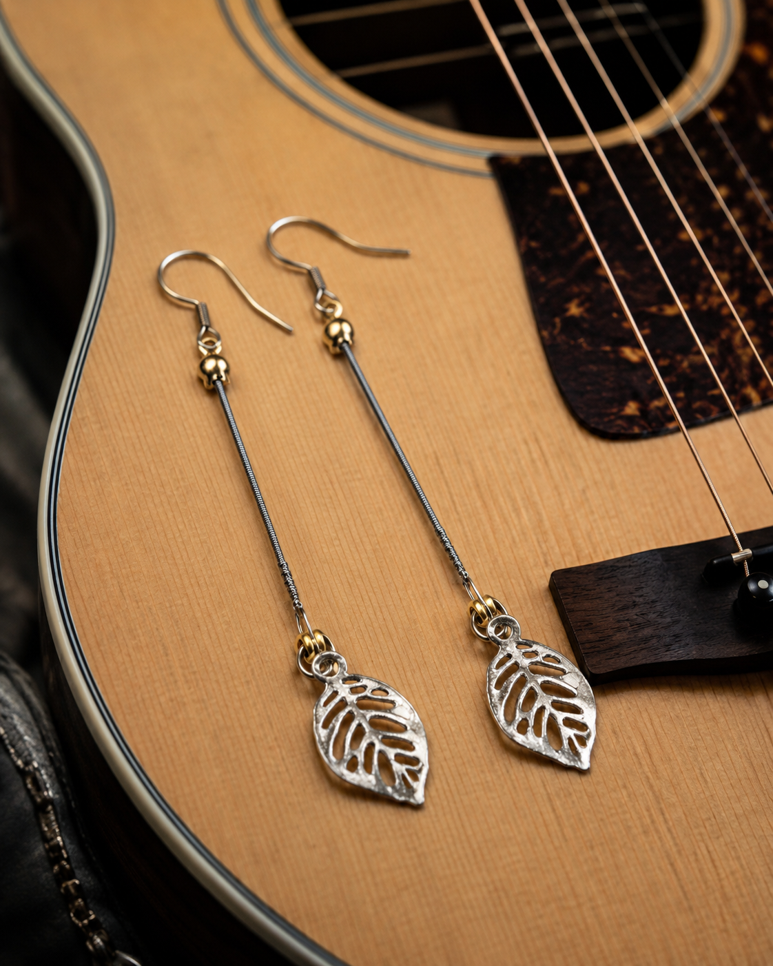 Long Silver Leaf Guitar String Earrings by N Harmony Jewelry, handmade jewelry main product photo