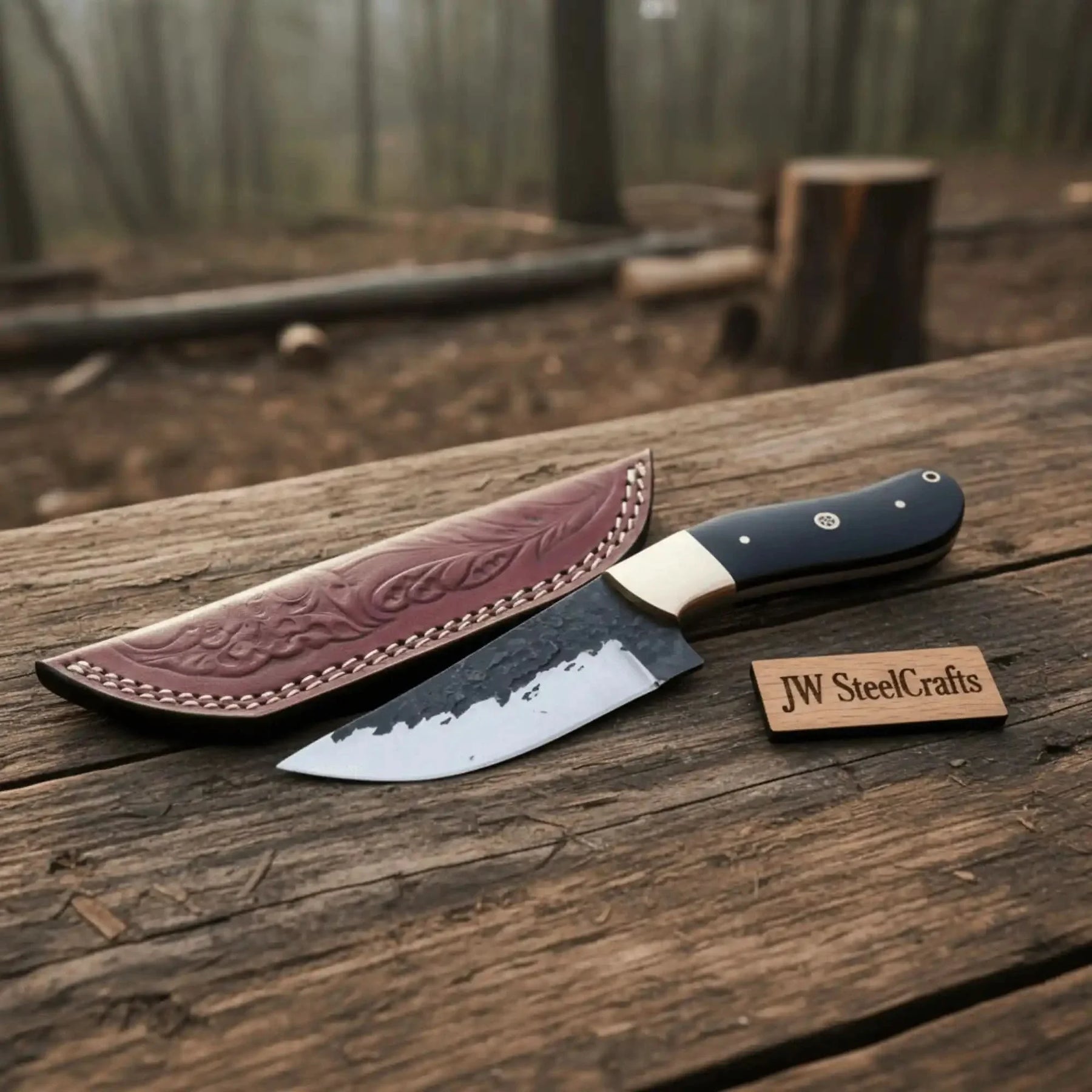 Handmade Knife - High Carbon Steel Blade & Ox Horn Handle by JW SteelCrafts, Damascus knife main product photo
