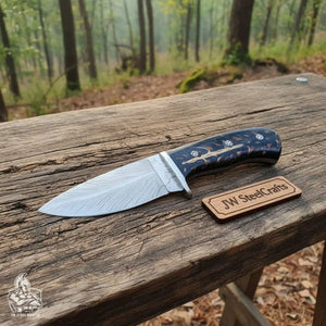 Skinner Knife, Feather Damascus Blade, Resin Handle, Fixed Blade Hunting Knife by JW SteelCrafts, Damascus knife main product photo