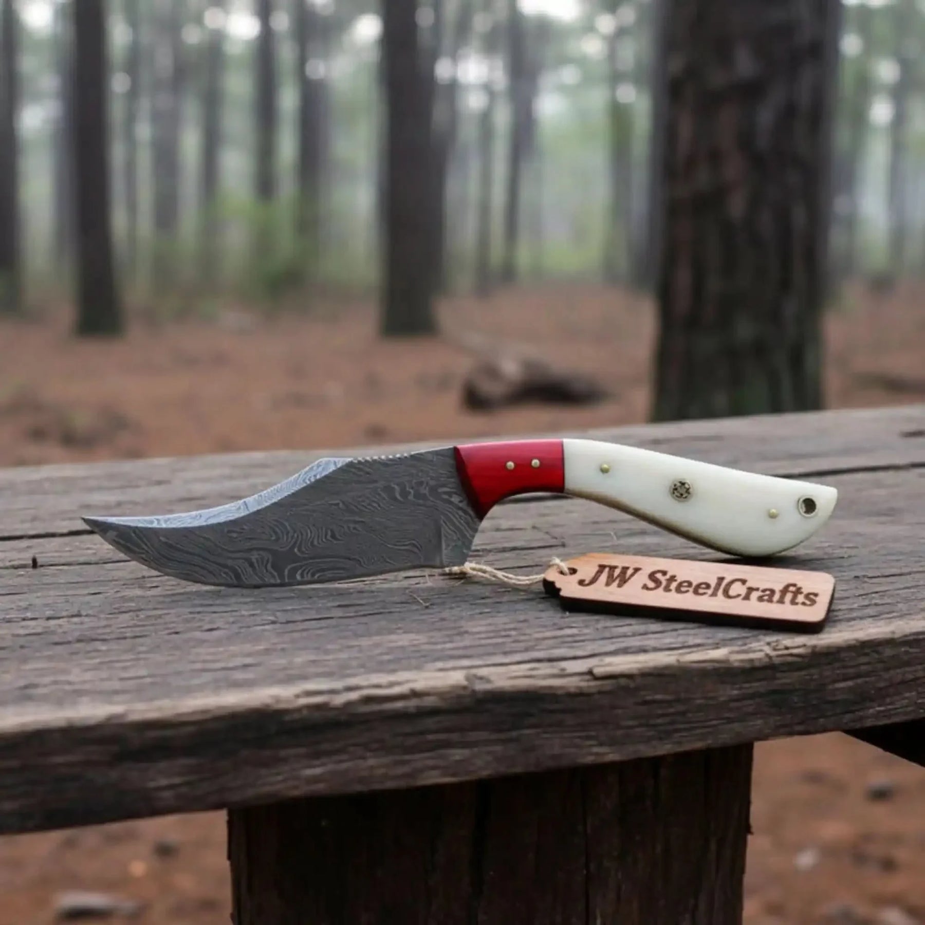 Damascus Skinner Knife Bone Red Pakka 6” Overall by JW SteelCrafts, Damascus knife main product photo