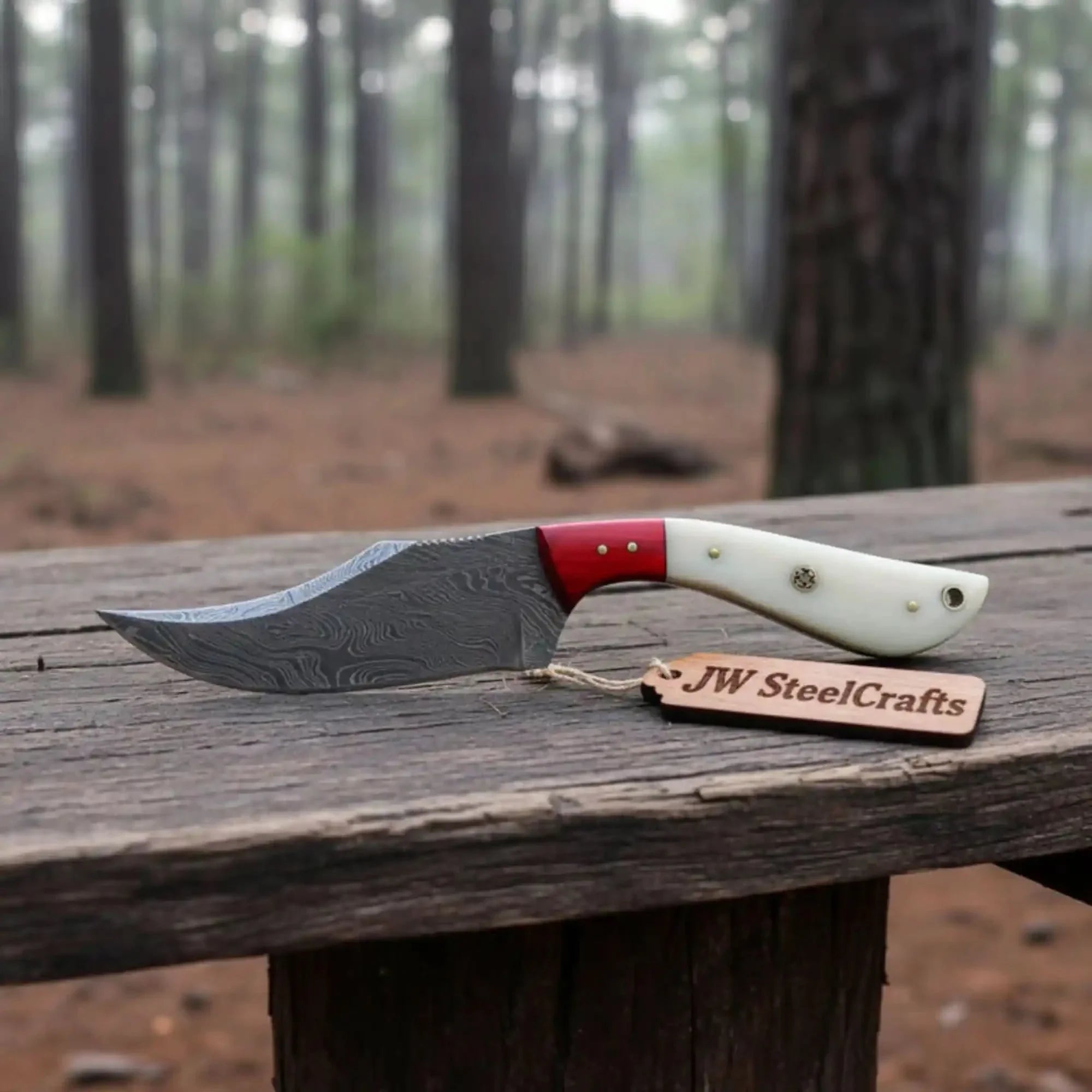Damascus Skinner Knife Bone Red Pakka 6” Overall by JW SteelCrafts, Damascus knife main product photo