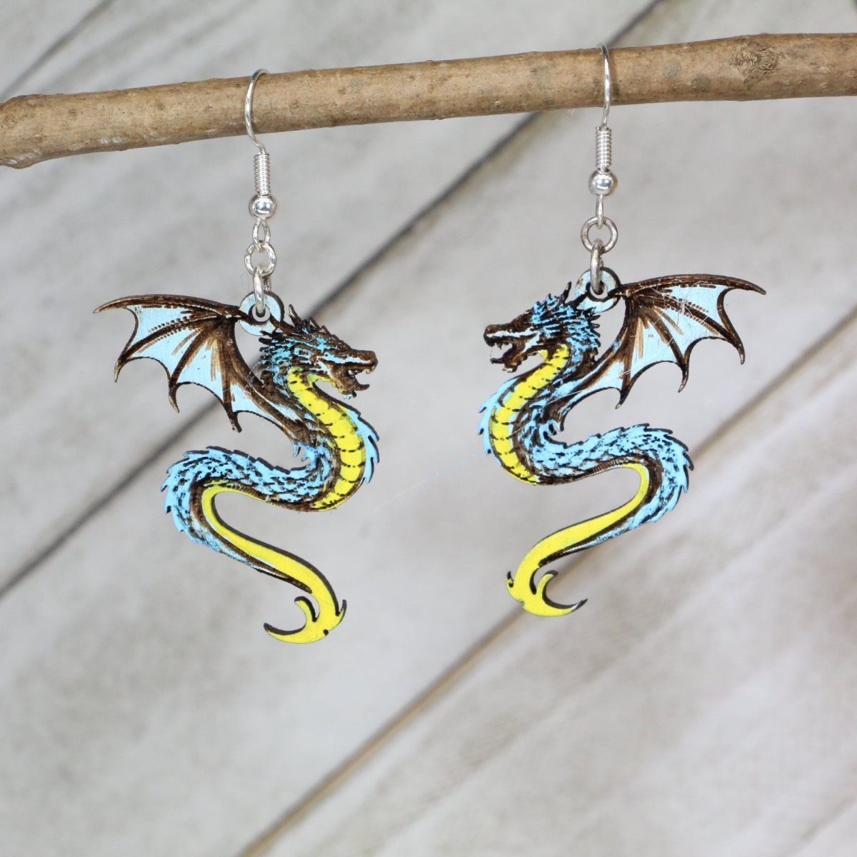 Dragon Wooden Earrings | Fantasy Dragon Jewelry detail view by Cate's Concepts, LLC