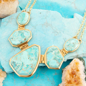 Slabs of Blue Turquoise Golden Statement Necklace detail view by Barse Jewelry