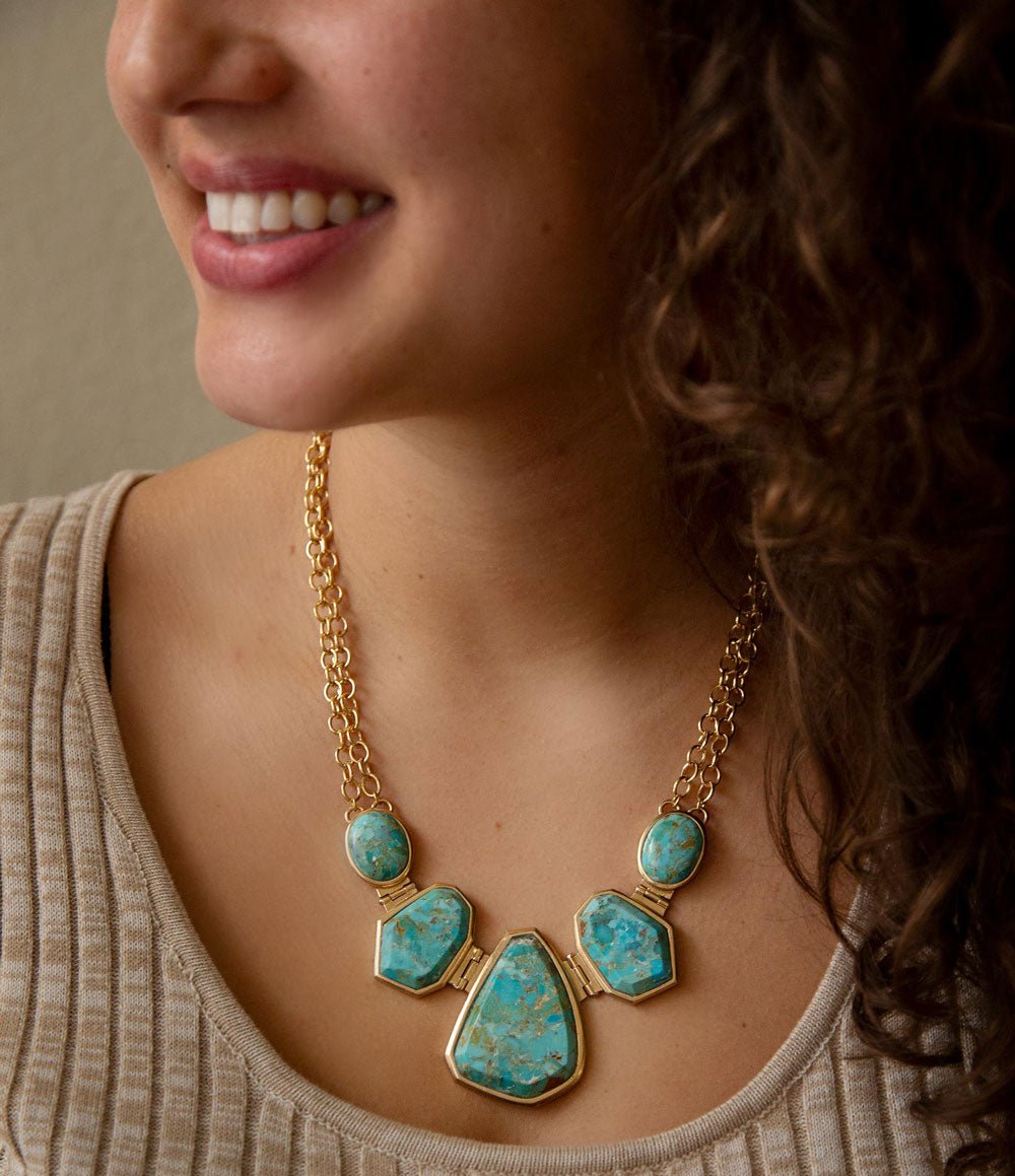 Slabs of Blue Turquoise Golden Statement Necklace detail view by Barse Jewelry