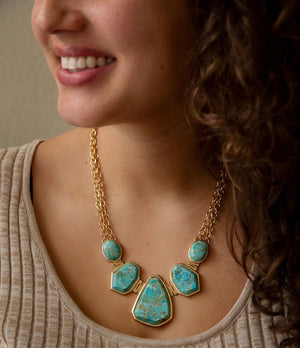 Slabs of Blue Turquoise Golden Statement Necklace detail view by Barse Jewelry