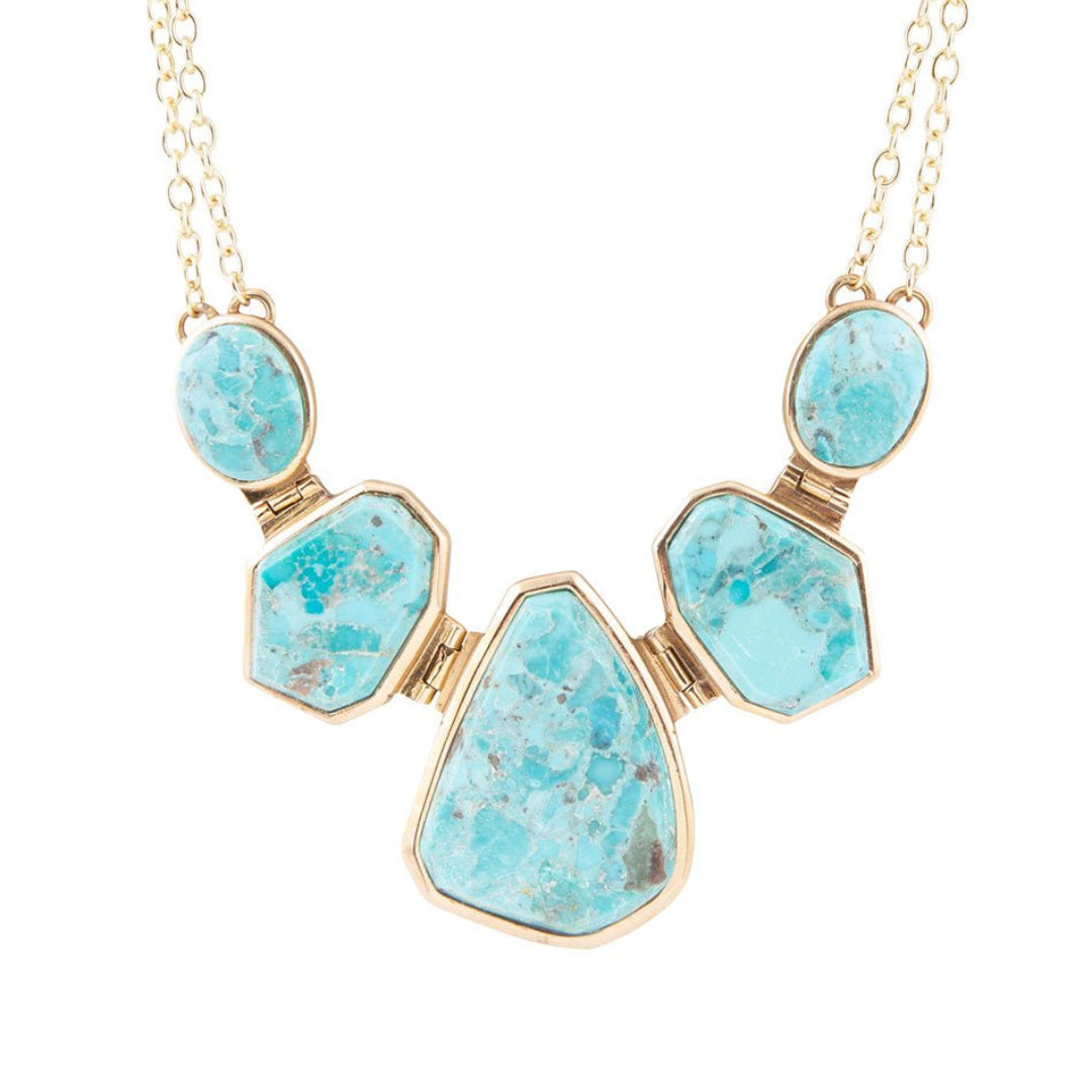 Slabs of Blue Turquoise Golden Statement Necklace by Barse Jewelry