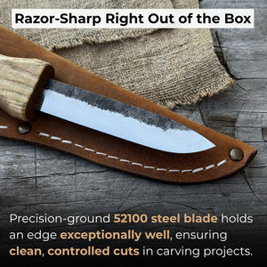Sloyd Knife with Leather Sheath, 8 cm (3.15 inches) detail view by Sharky Forged Steel Tools