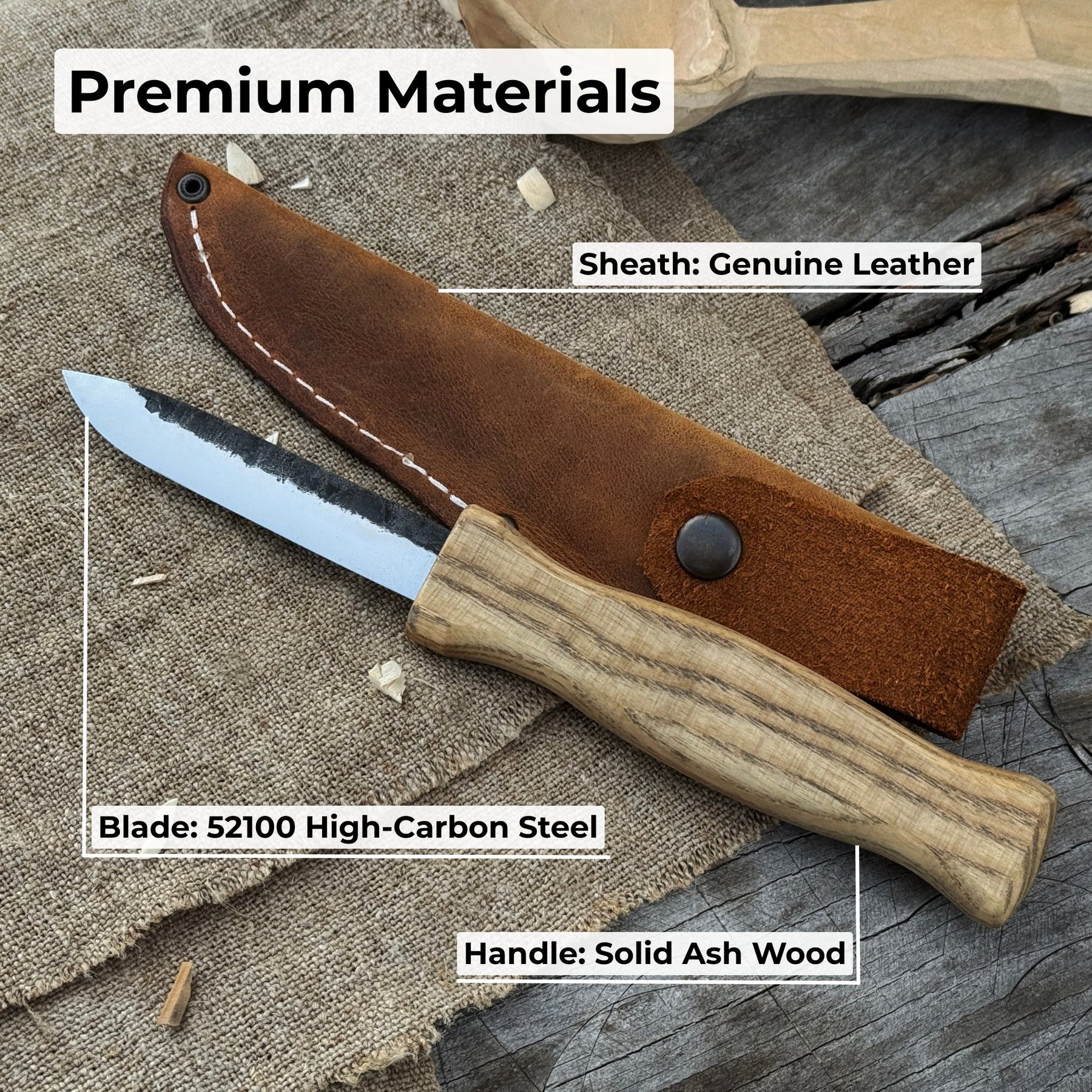 Sloyd Knife with Leather Sheath, 8 cm (3.15 inches) detail view by Sharky Forged Steel Tools