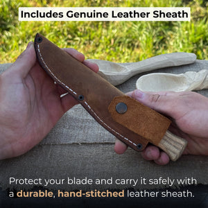 Sloyd Knife with Leather Sheath, 8 cm (3.15 inches) detail view by Sharky Forged Steel Tools
