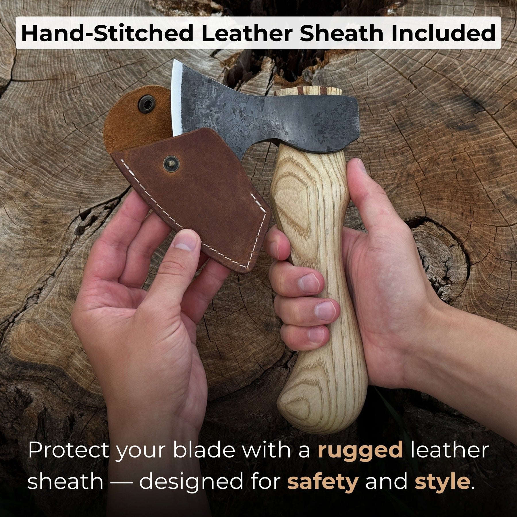 Small Carving Axe with Leather Sheath, 0.47 kg (1 lb) detail view by Sharky Forged Steel Tools