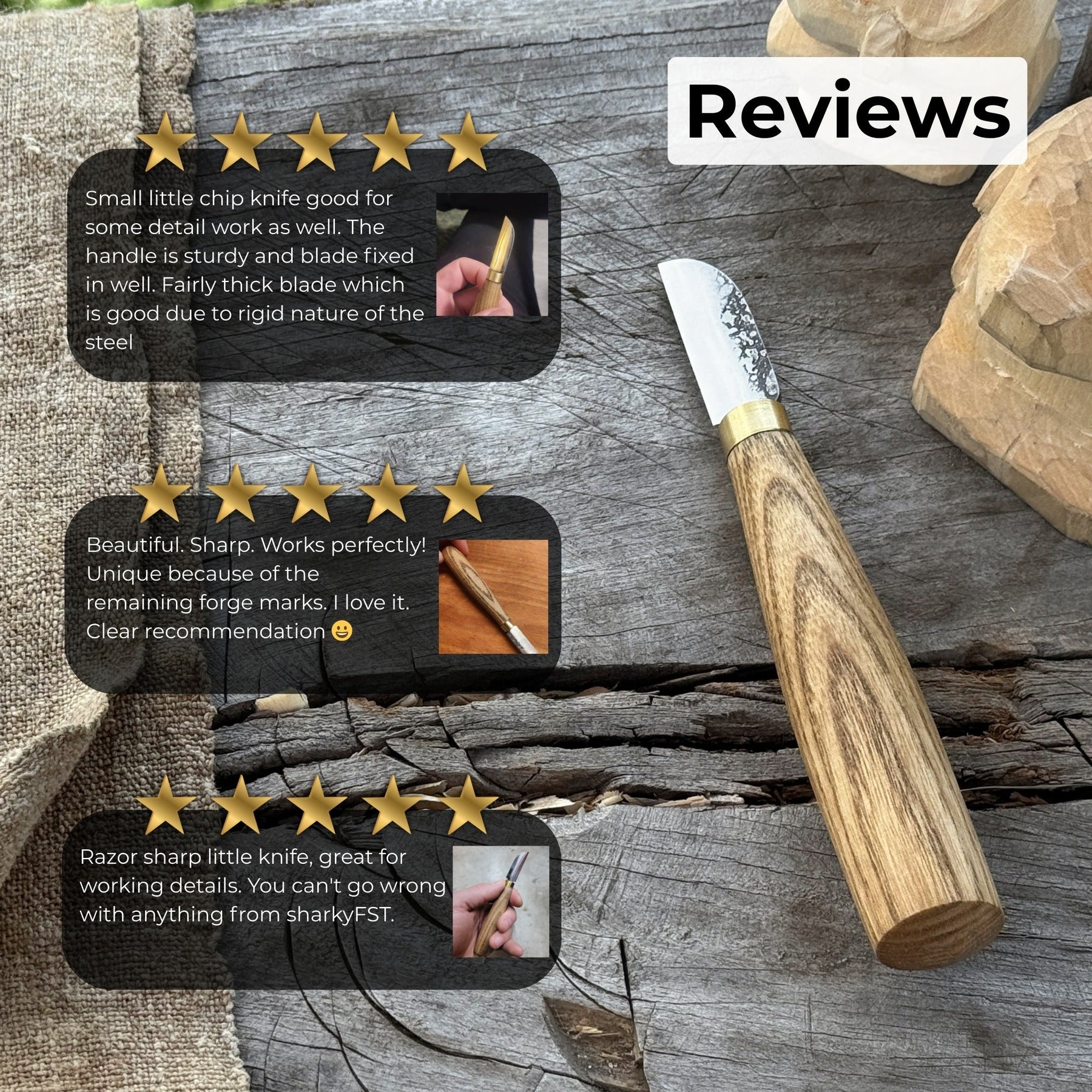 Small Chip Carving Knife, 4 cm (1.57 inches) detail view by Sharky Forged Steel Tools