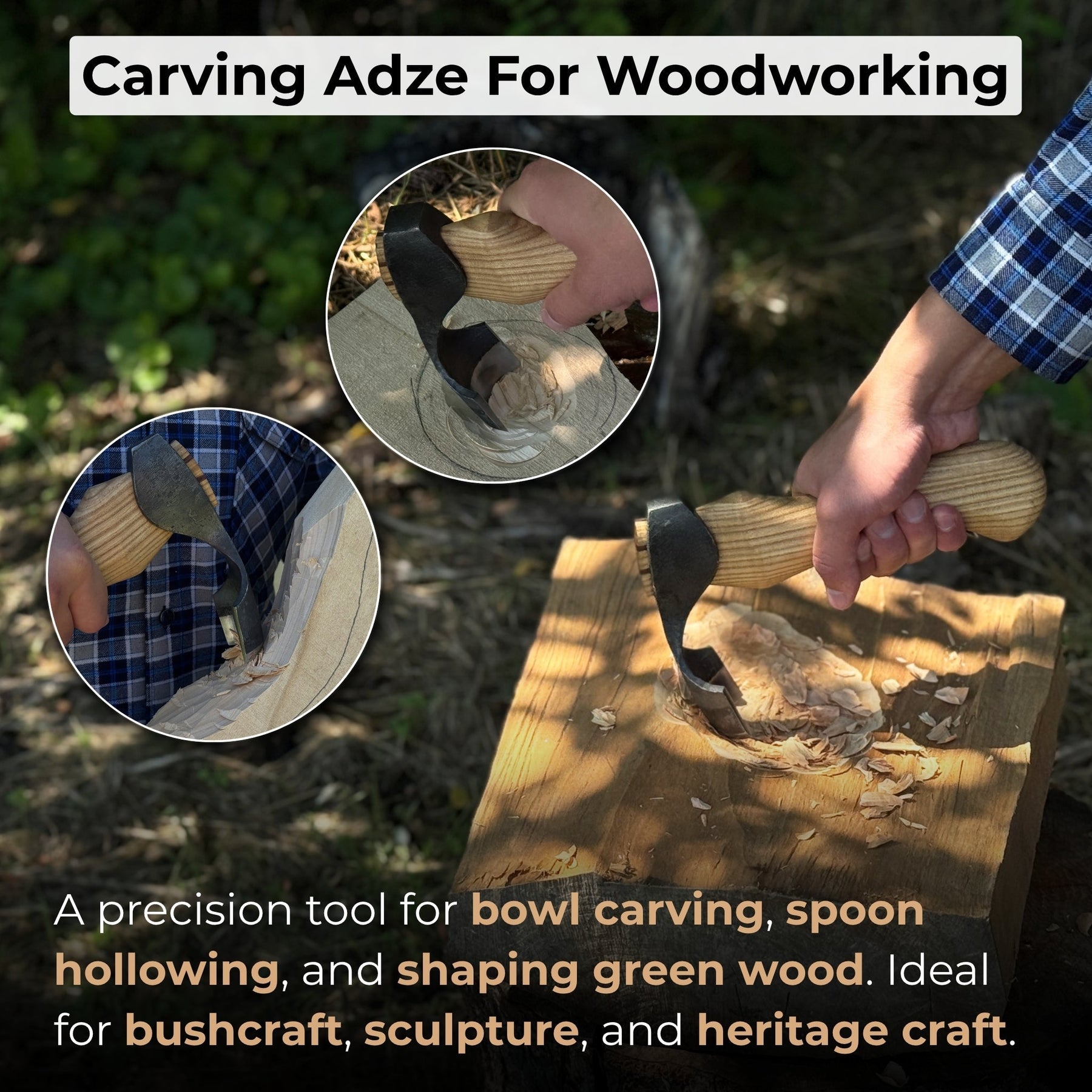 Small Kuksa Adze with Deep Curved (Round) Blade, 4.5 cm (1.8 in) detail view by Sharky Forged Steel Tools