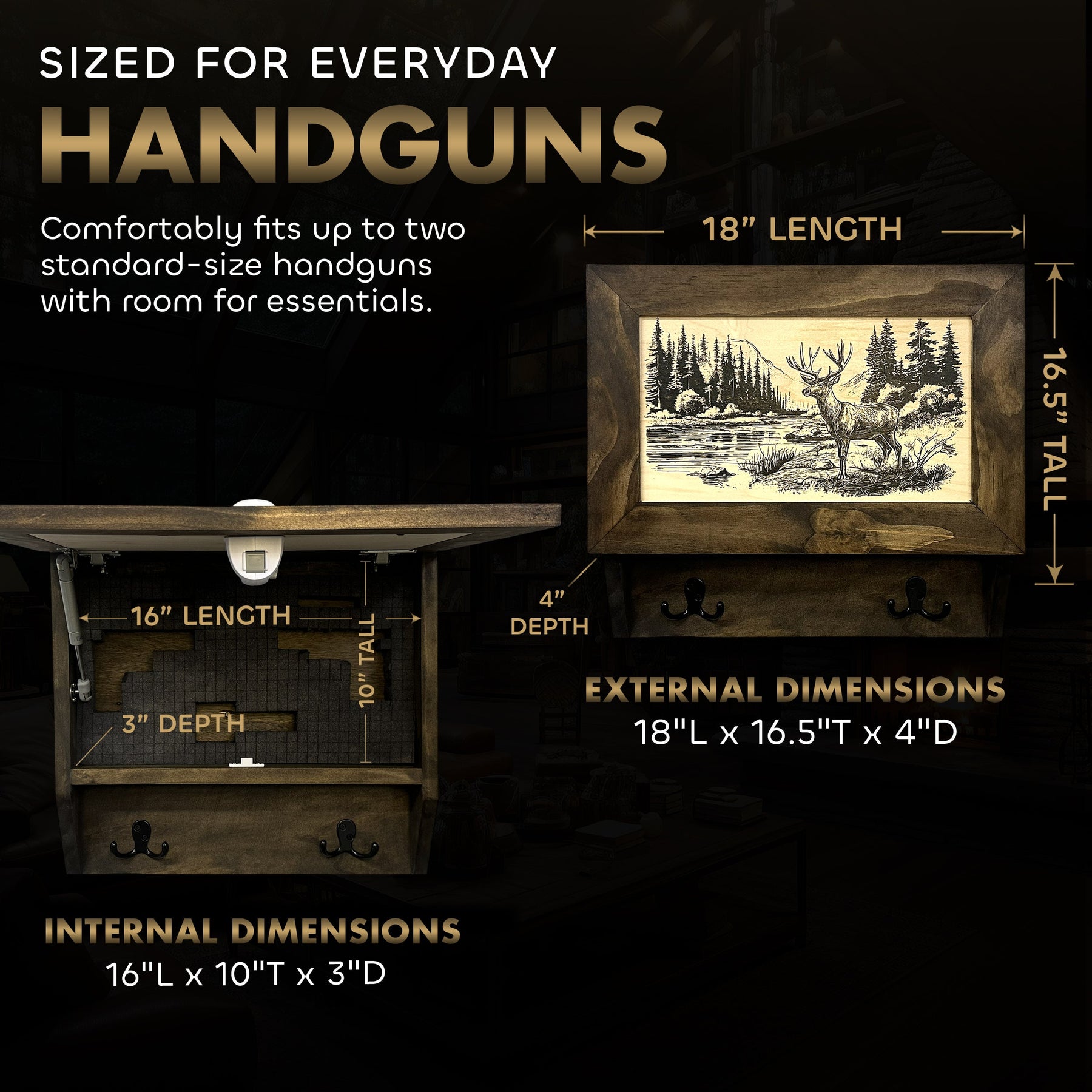 Deer Stream Buck Mountains Gun Concealment Furniture - Handcrafted Hidden Gun Storage Wall Decor - Hidden Safe Furniture with