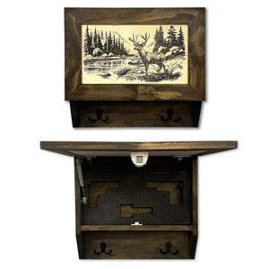 Deer Stream Buck Mountains Gun Concealment Furniture - Handcrafted Hidden Gun Storage Wall Decor - Hidden Safe Furniture with