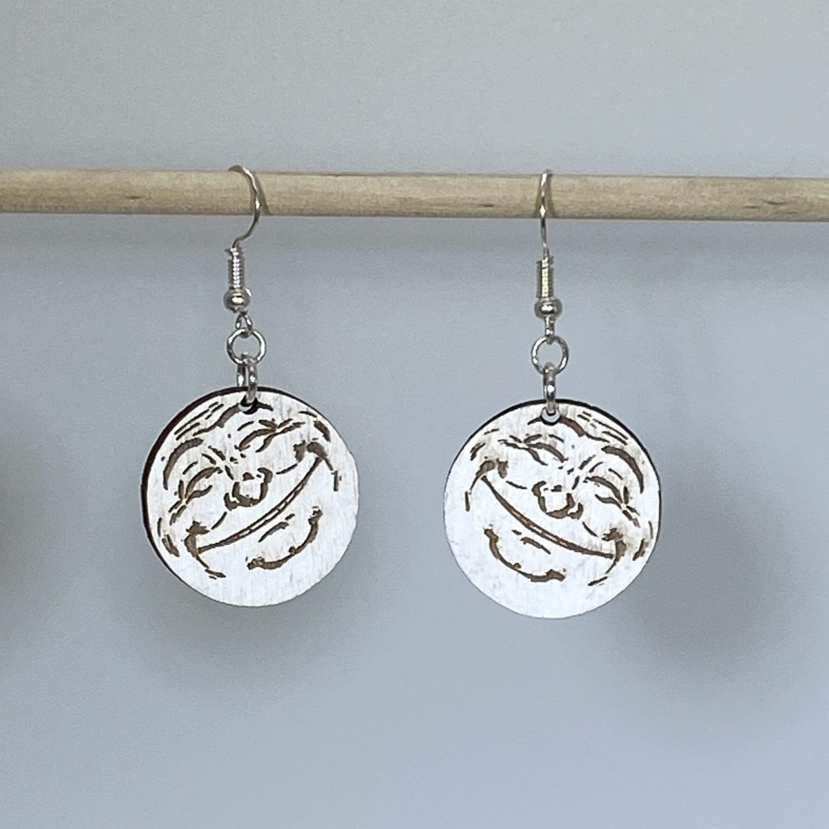 Smiling Moon Wooden Dangle Earrings | Celestial Night Jewelry detail view by Cate's Concepts, LLC