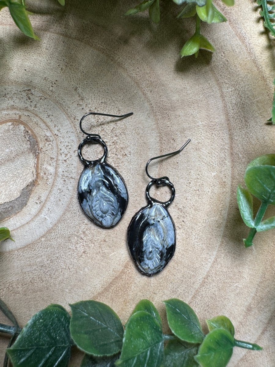 Snowflake Obsidian Yoni Earrings by Copper Ashes