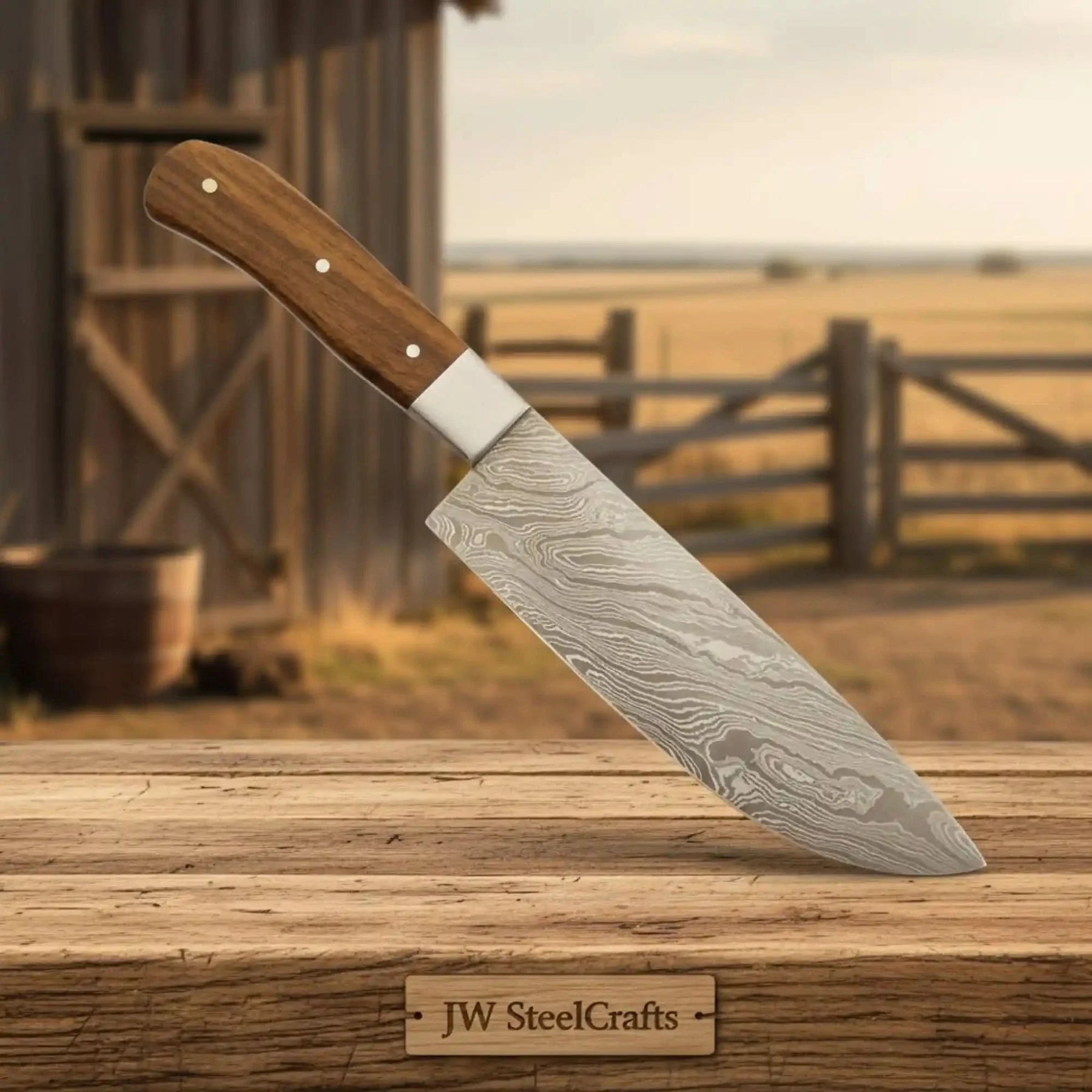 5 Piece Damascus Kitchen Knife Set - Walnut Wood Handle Professional Cooking Knife Set by JW SteelCrafts, Damascus knife detail photo 3