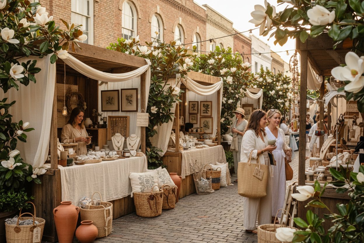 A bustling cobblestone street market decorated with white flowers and string lights.