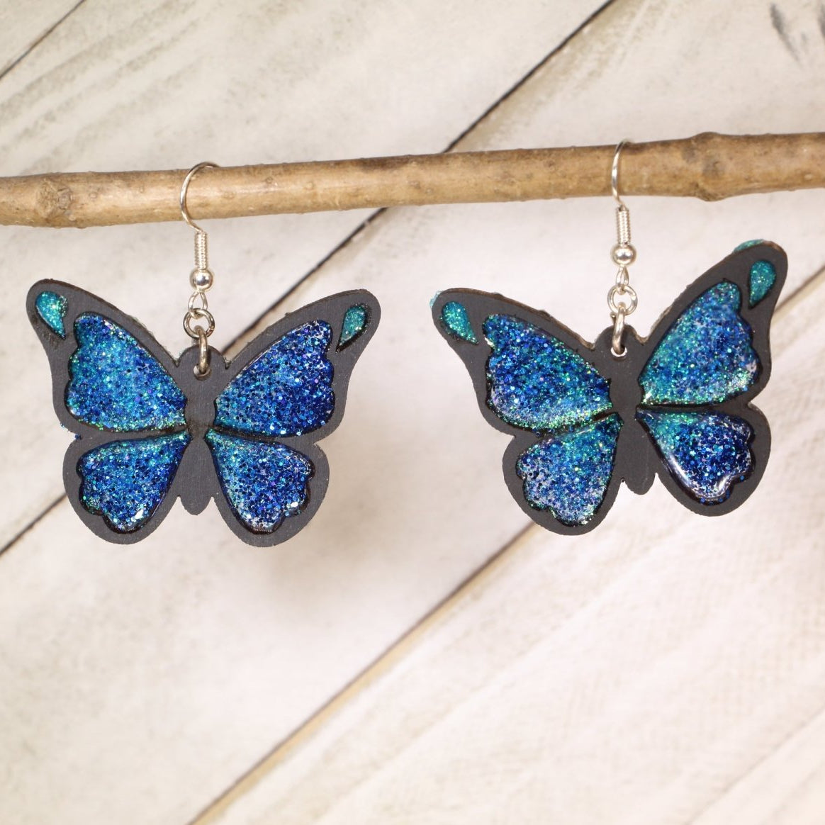 Blue Butterfly Wooden Earrings | Sparkle Nature Jewelry by Cate's Concepts, LLC, handmade jewelry main product photo