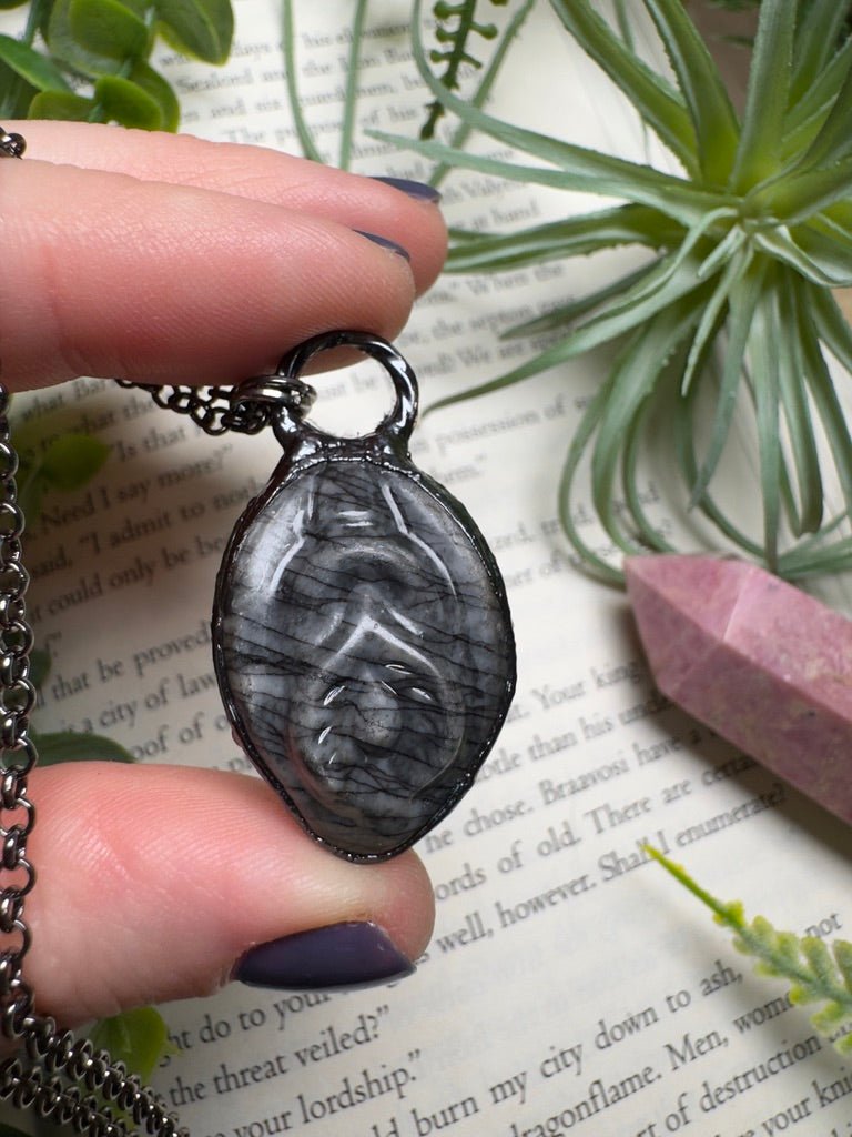 Spiderweb Jasper Yoni Necklace detail view by Copper Ashes