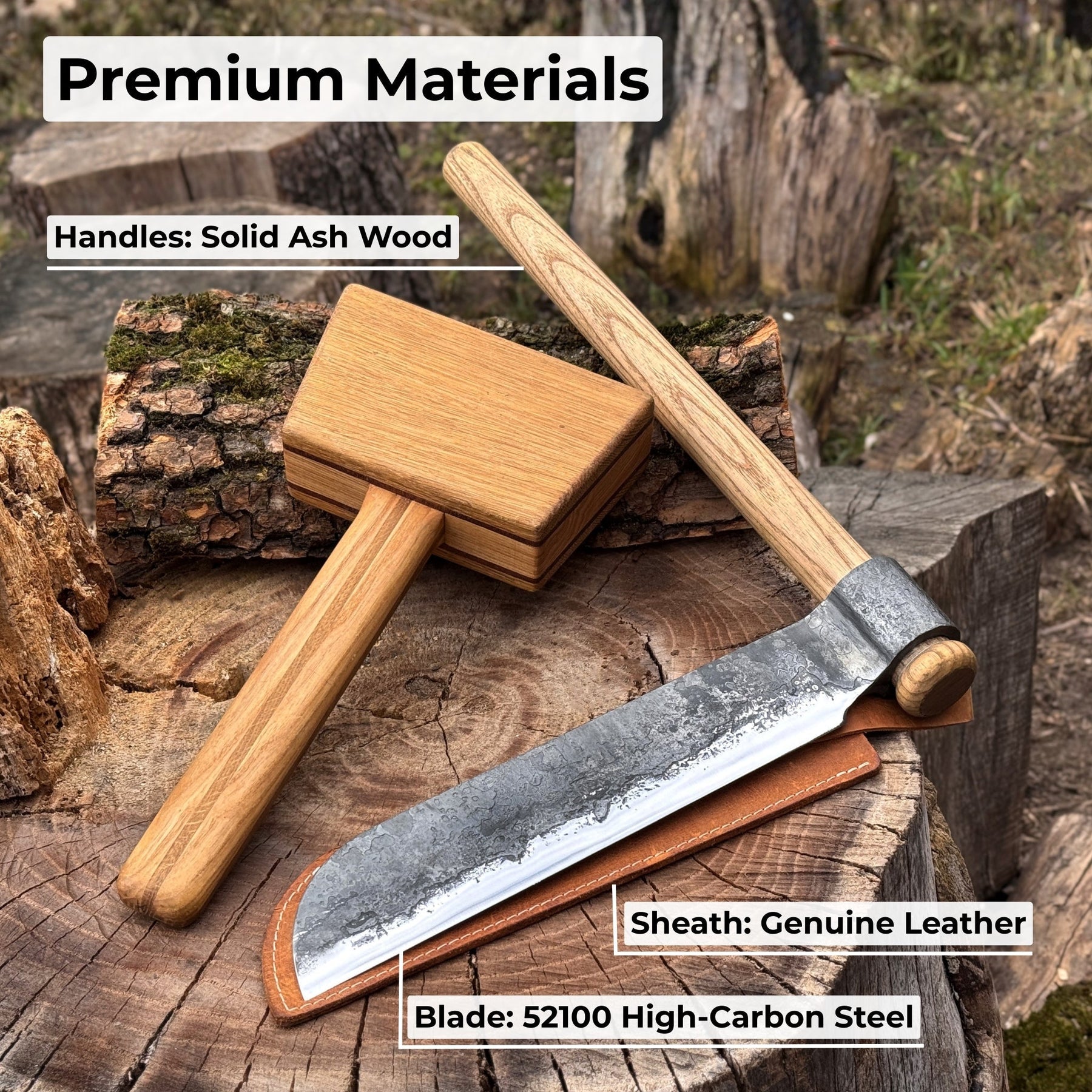 Splitting Froe with Wooden Mallet detail view by Sharky Forged Steel Tools