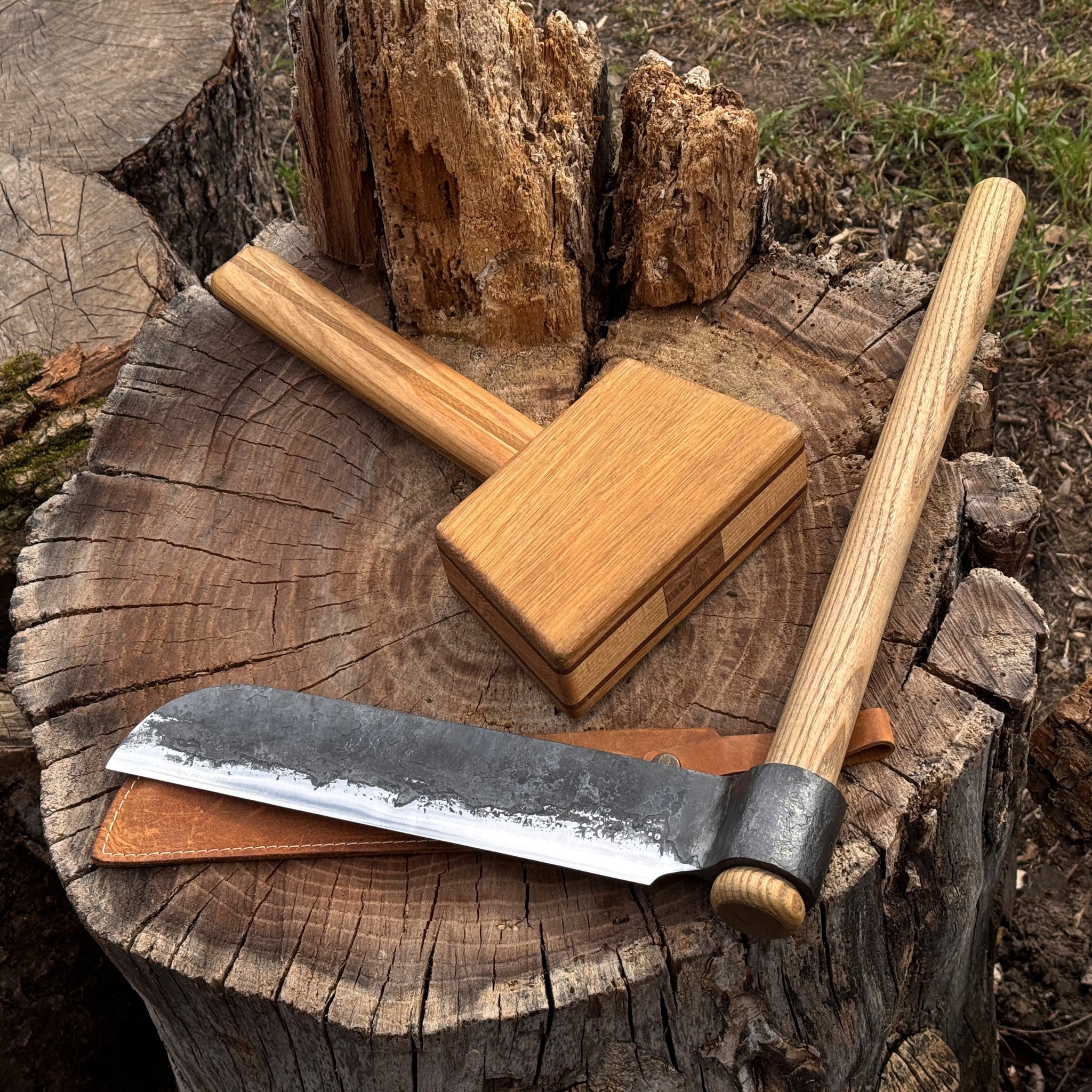 Splitting Froe with Wooden Mallet by Sharky Forged Steel Tools