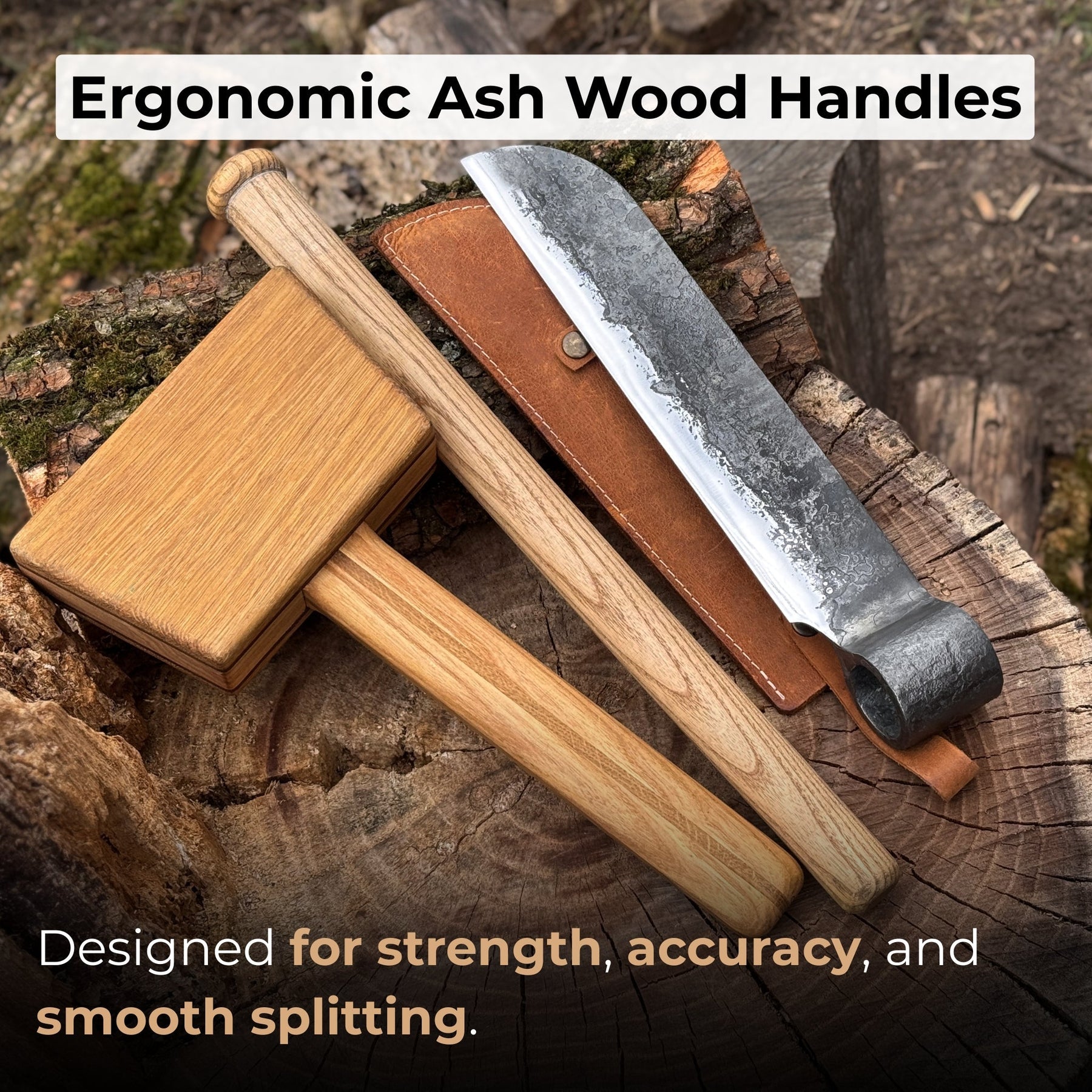 Splitting Froe with Wooden Mallet detail view by Sharky Forged Steel Tools