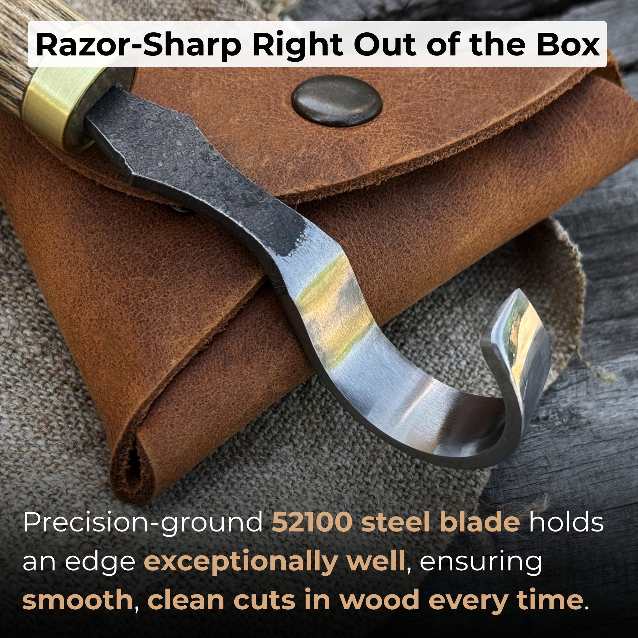 Spoon Carving Hook Knife, ⌀3 cm (1.2 inches) with Leather Case detail view by Sharky Forged Steel Tools