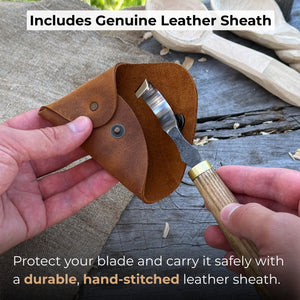 Spoon Carving Hook Knife, ⌀3 cm (1.2 inches) with Leather Case detail view by Sharky Forged Steel Tools