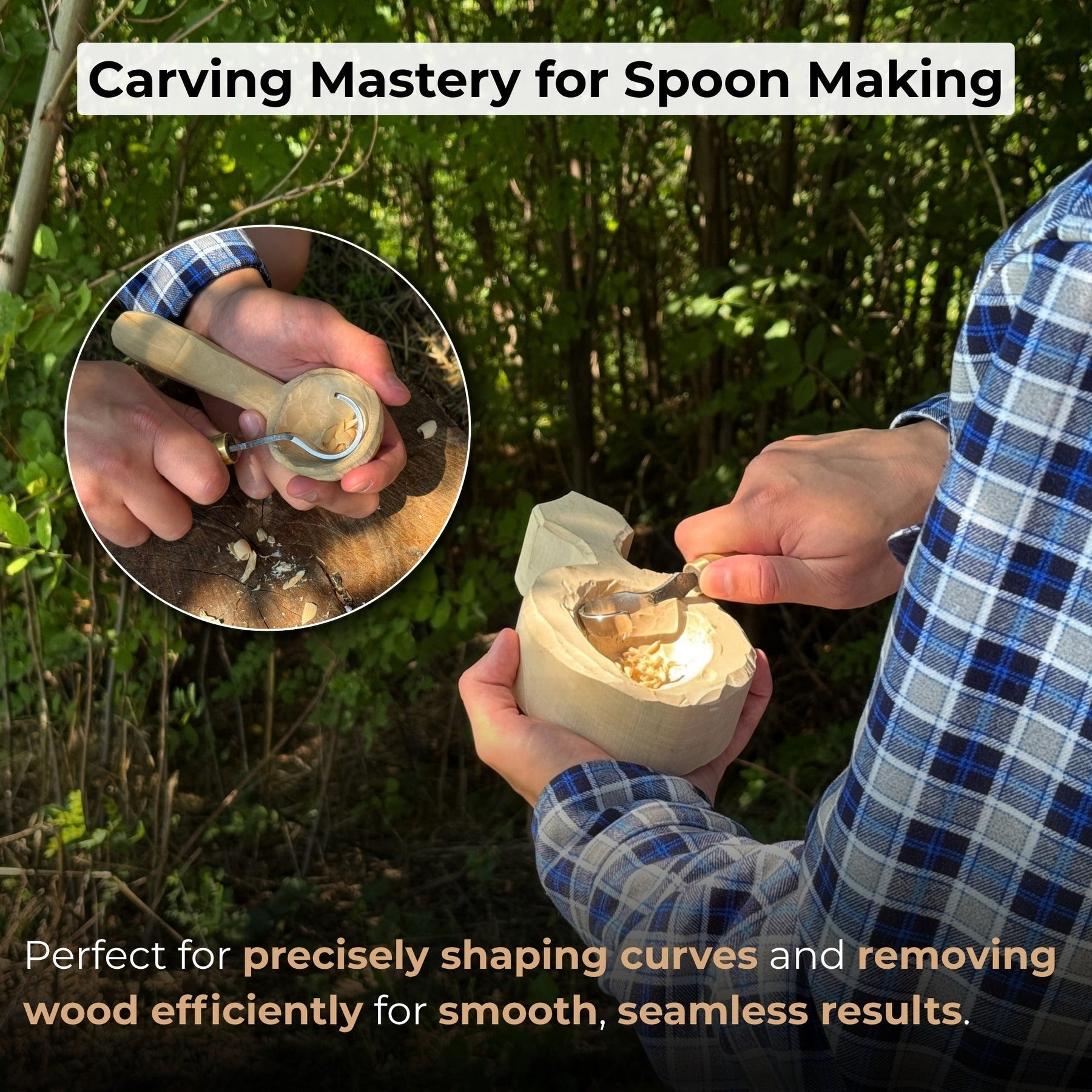 Spoon Carving Hook Knife, ⌀3 cm (1.2 inches) with Leather Case detail view by Sharky Forged Steel Tools