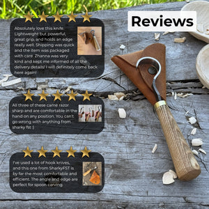 Spoon Carving Hook Knife, ⌀3 cm (1.2 inches) with Leather Case detail view by Sharky Forged Steel Tools