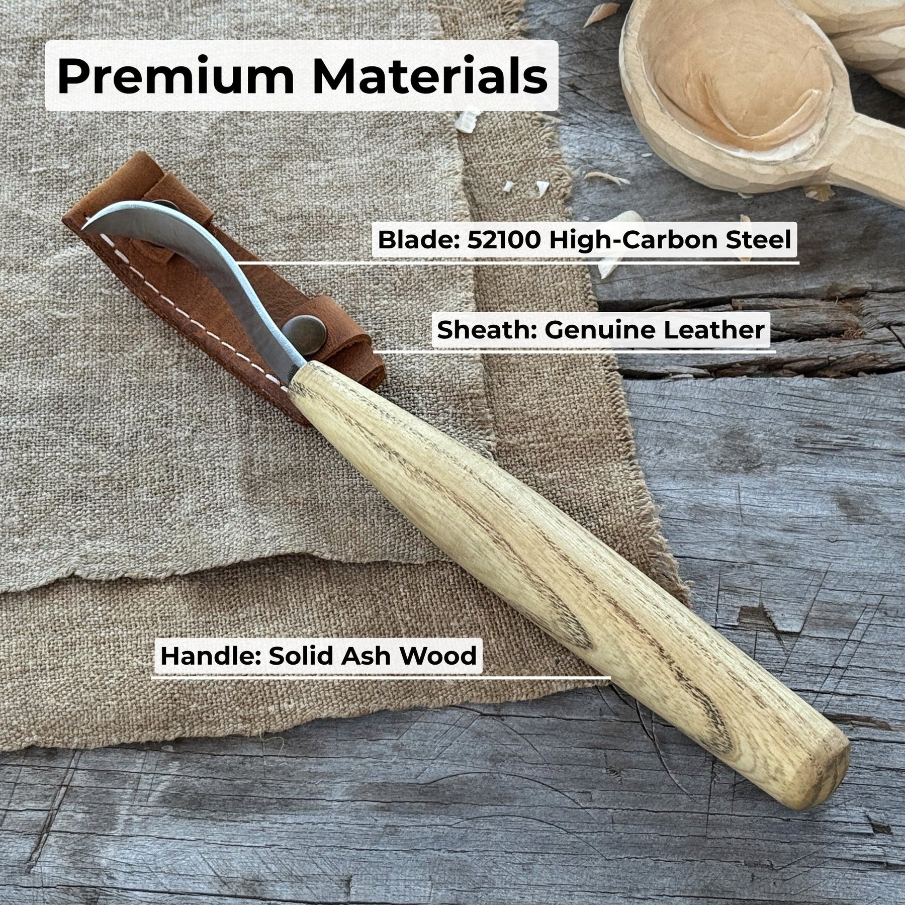 Spoon Carving Hook Knife, ⌀6 cm (2.36 inches) with Leather Case detail view by Sharky Forged Steel Tools
