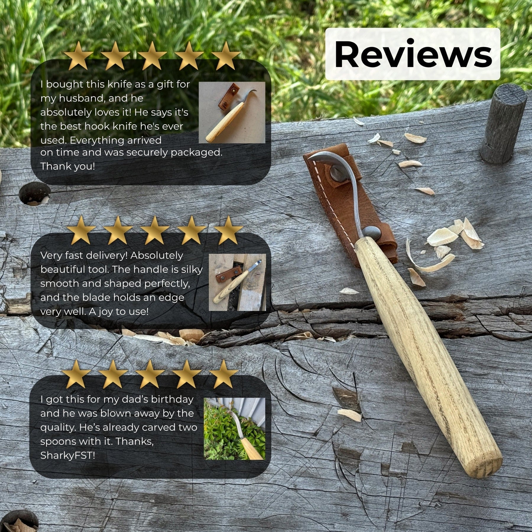 Spoon Carving Hook Knife, ⌀6 cm (2.36 inches) with Leather Case detail view by Sharky Forged Steel Tools