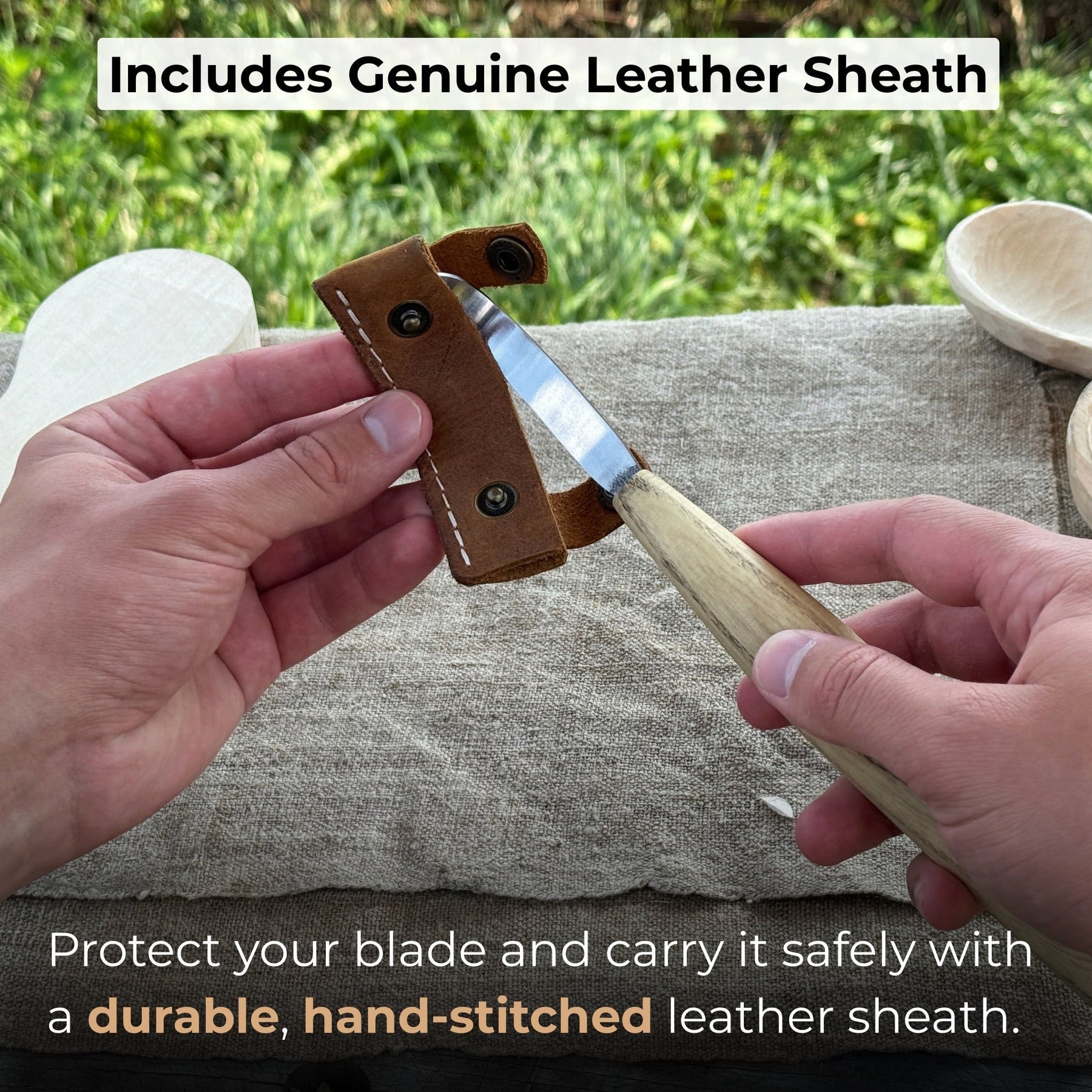 Spoon Carving Hook Knife, ⌀6 cm (2.36 inches) with Leather Case detail view by Sharky Forged Steel Tools