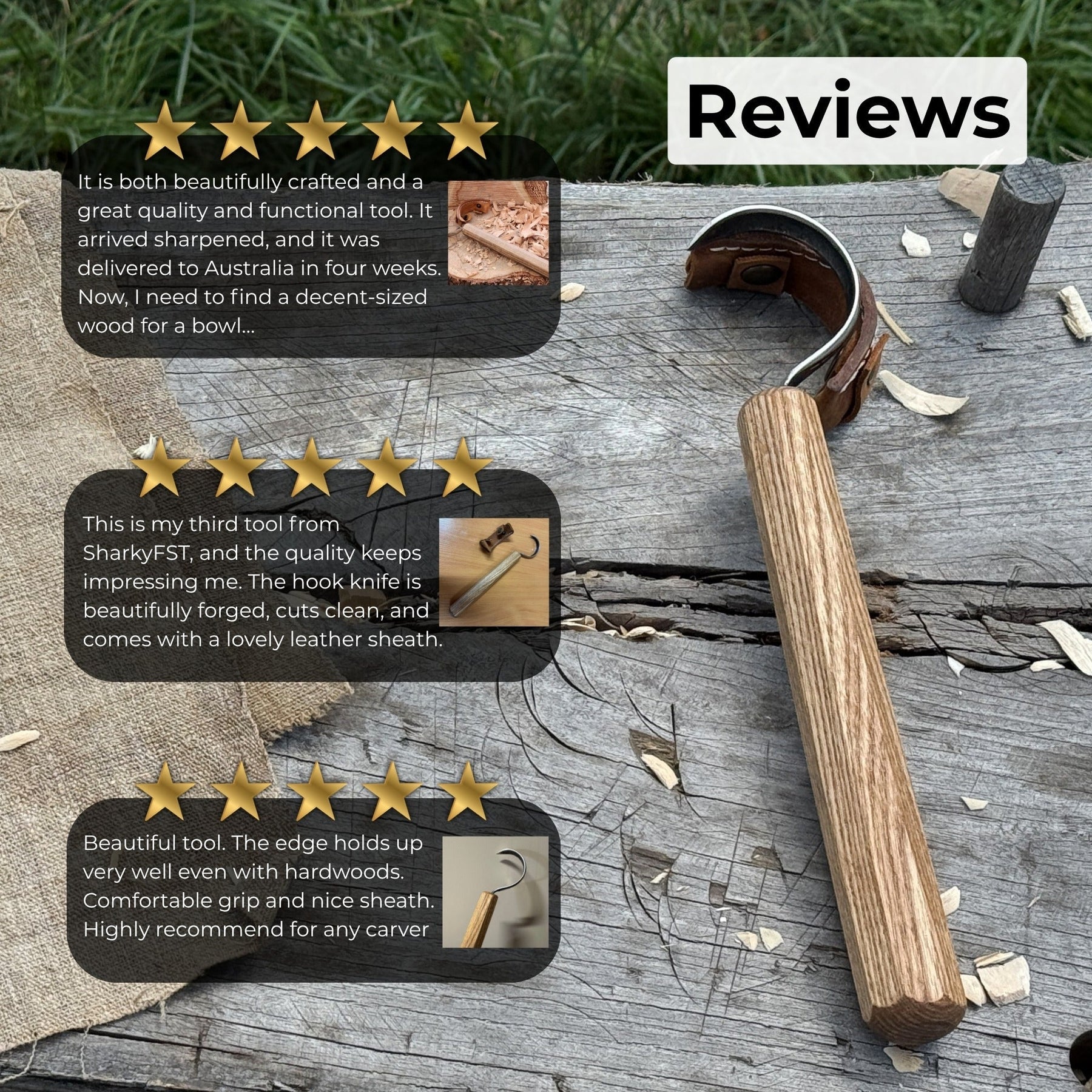 Spoon Carving Hook Knife – Large Radius Curve 5.5 cm (2.17 inches) detail view by Sharky Forged Steel Tools