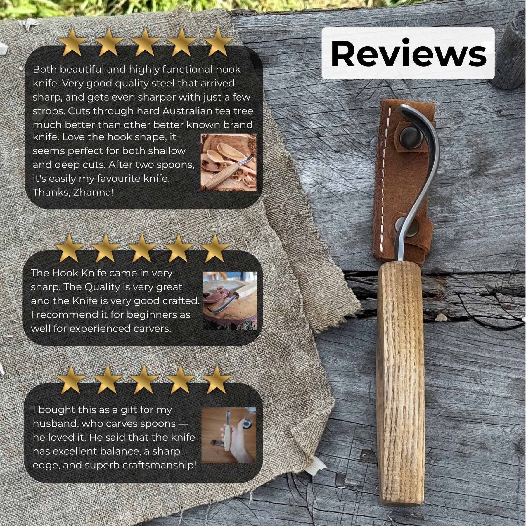 Spoon Carving Hook Knife – Long Curved Blade 7 cm (2.7 inches) detail view by Sharky Forged Steel Tools