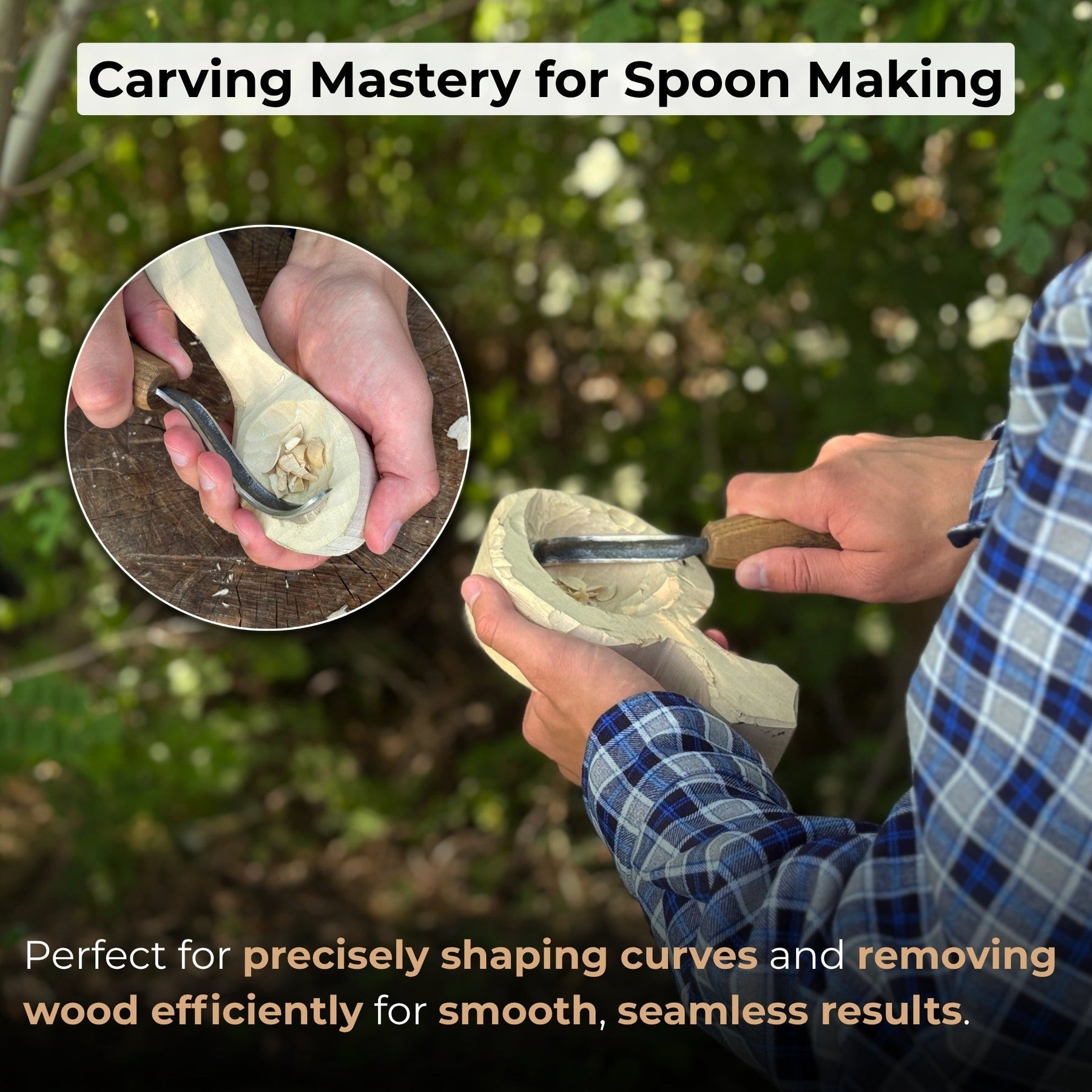 Spoon Carving Hook Knife – Long Curved Blade 7 cm (2.7 inches) detail view by Sharky Forged Steel Tools