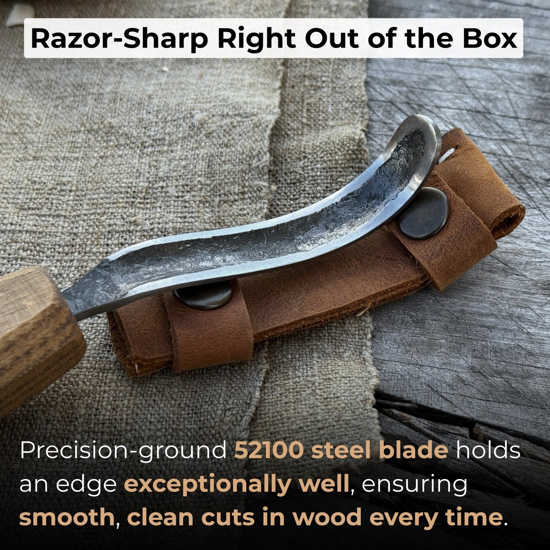 Spoon Carving Hook Knife – Long Curved Blade 7 cm (2.7 inches) detail view by Sharky Forged Steel Tools